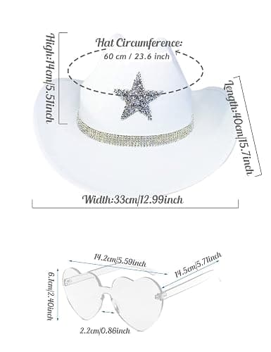 White Cowgirl Hat with Heart Sunglasses - Cowboy Hat with Glitter Star Fits Women for Bachelorette Themed Party thumbnail 3