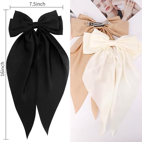 Velscrun Hair Bows for Women Girls 3Pcs White Silky Satin Large Hair Bow Black Coquette Bow Brown Big Bows Hair Clip Oversized Hair Ribbons Long Tail Hair Bow Hair Barrettes Hair Accessories Gifts thumbnail 8