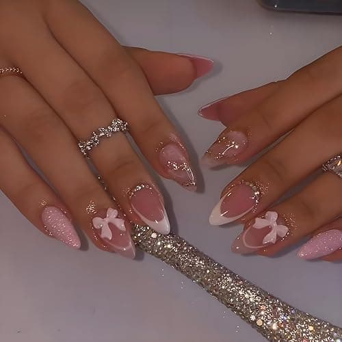 LPOODDNU Almond French Tip Press on Nails - Medium Pink Fake Nails with 3D Bow Diamond Glitter Designs, Glossy Finished Reusable False Nails with Glue Tabs - 24Pcs Nail Kit for Women Manicure - Image 1