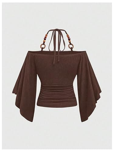 Verdusa Women's Y2k Off Shoulder Halter Top Cinched Waist Going Out Tops Flare Sleeve Ruched Fitted T Shirts thumbnail 3