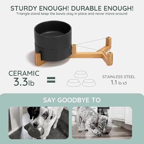 SPUNKYJUNKY Ceramic Dog and Cat Bowl Set with Wooden Stand, Modern Cute Weighted Food Water Set for Small Size Dogs (13.5OZ) & Medium Sized Dogs (28.7OZ) & Cats (1.7 Cups, 2 × Black) thumbnail 4