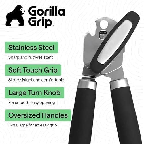 GORILLA GRIP Heavy Duty Stainless Steel Smooth Edge Manual Can Opener and Bottle Openers, US Designed, Soft Comfortable Handle, Oversized Handheld Turn Knob, Multifunctional Kitchen Tool, Black thumbnail 2