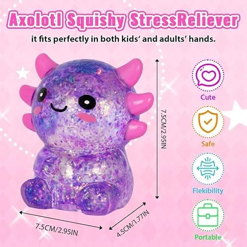 Djyxoglyn Axolotl Squishy Stress Relief Toy – Glitter Fidget Toy Cute Squeeze Toy for Kids & Adults, Sensory Anxiety Relief Squishy Toy, Party Favor Desk Fidget (Purple Sitting Style) thumbnail 2