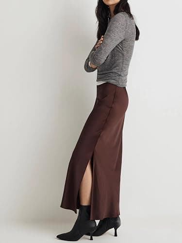 Skrtimory Womens Satin Silk Maxi Slit Skirt Elastic Waistband Maxi Long Satin Slit Skirts for Women thumbnail 2