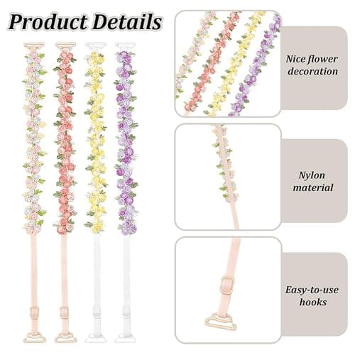 FREEBLOSS 4 Pairs Decorative Floral Bra Straps Removable Invisible Bra Straps Replacement for Bra Shoulder Straps Adjustable Floral Bra Straps Decorative Bra Straps for Women Multicolor thumbnail 3