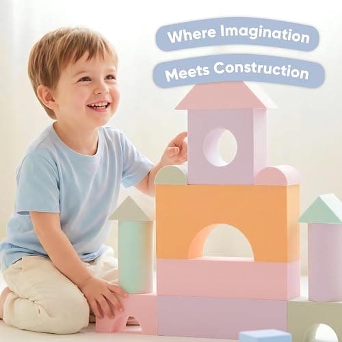 34 Large Foam Blocks for Toddlers - Pastel Stacking Soft Blocks for Kids | 34 jumbo soft EVA foam blocks in pastel colors - stack, build and float in the bath. Storage bag included. Non-toxic, ages 3+ thumbnail 8