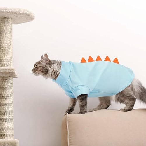 DENTRUN Sphynx Cat Clothes, Cute Dinosaur Design Hairless Cat Costume, Breathable Cotton Shirts Cat Clothes for Cats Only, Round Collar Kitten Daily T-Shirts with Sleeves, Cats Funny Cosplay Apparel thumbnail 7