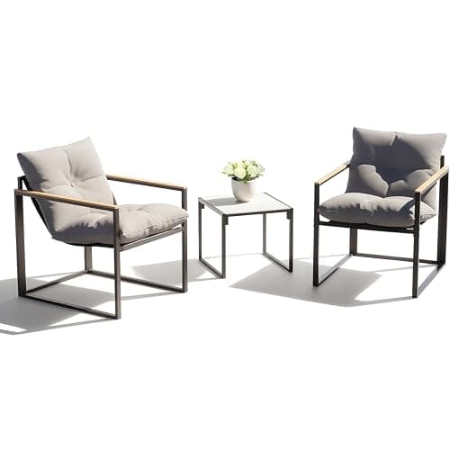 3 Piece Patio Bistro Set, Small Outdoor Furniture with Heat-Resistant Wood Armrests & Breathable Textilene Chairs, Glass Side Table & Thick Cushions for Apartment Balcony, Porch, and Garden (Gray) - Image 1