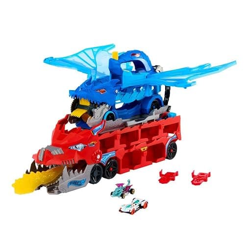 Hot Wheels City Toy Car Track Set, Ultimate Dual Dragon Transporter & 2 Die-Cast Cars, Large-Scale & Detachable Dragon, Stores 20+ Vehicles thumbnail 6