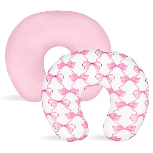 HNHUAMING Nursing Pillow Cover 2 Pack, Stretchy Breastfeeding Pillow Covers, Removable Feeding Pillowcase for Newborn, Ultra Soft Nursing Pillow Slipcover for Baby Girls Boys, Pink Bow - Image 1