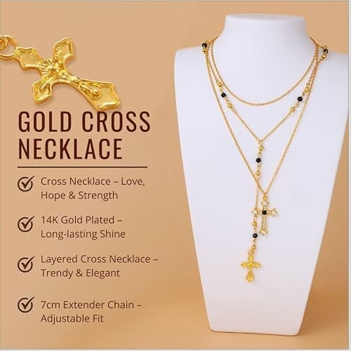 4PCS Layered Gold Cross Necklaces for Women Trendy, Bohemian Bead Pearl Y Long Pendant Necklace Set, Vintage Rosary Necklace Stack Adjustable Length thumbnail 5