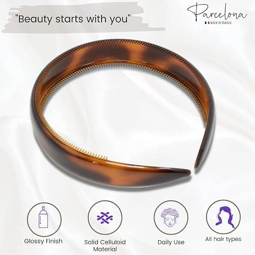 Parcelona French Bold 3/4" Wide Set of 2 Celluloid Hair Headbands Very Flexible Strong Hold Grip No Slip Inner Teeth Durable Styling Women Hair Accessories, Made in France (Tortoise Shell Brown) thumbnail 3