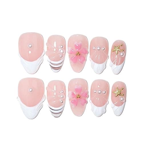 Handmade Short Almond French Press On Nails,Reusable&Salon Quality(1TA04,M) | 10Pcs BTMMA Daily & Party Fake Nails;Easy Apply & Remove;Ocean French Style with 3D Flower, Starfish & Pearl Accents - Image 1