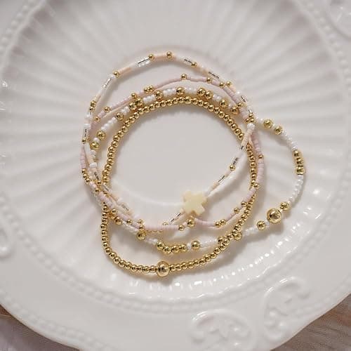 EQUBIO Gold Beaded Bracelet for Women，14K Plated Stackable Beaded Bracelet Set，Handmade Adjustable Waterproof Beaded Jewelry，Fashion Jewelry Set Gifts for Women Birthday Friendship thumbnail 8