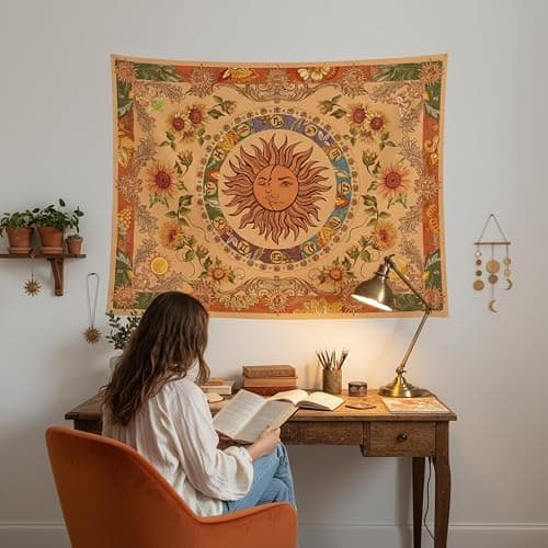 Accnicc Yellow Sun and Moon Tapestry Vintage Indie Boho Tapestry Wall Hanging with Sunflowers Butterfly Moth Constellation Aesthetic Wall Tapestries for Bedroom Dorm Living Room (Orange, 48'' × 36'') thumbnail 3