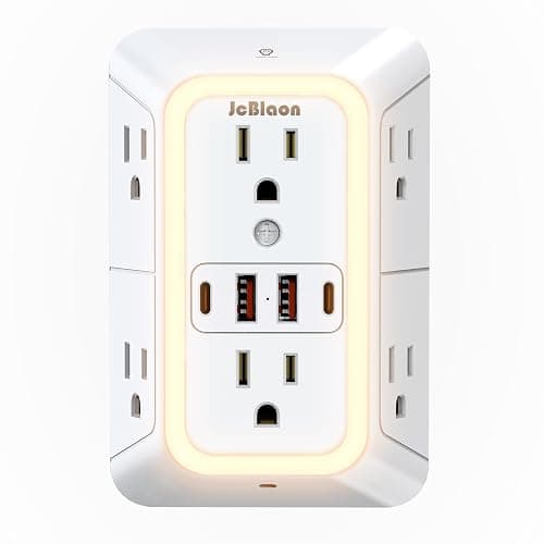 Wall Outlet Extender with Night Light, Power Plug Adapter 6 Outlet Extender with 4 USB Charging Ports 1050J Power Strip Multi Plug Adapter Spaced for Home Travel Office (2U2C)-ETL - Image 1
