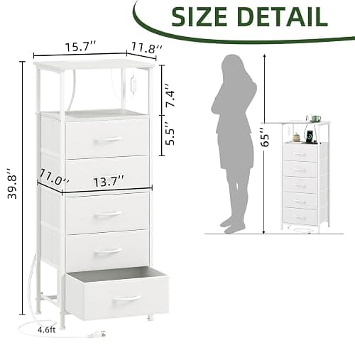 Somdot White Nightstand with Charging Station and LED Light for Bedroom, Tall 5 Drawers Dresser with Fabric Bins for Bedside Kids Dorm Room Closet Laundry Entryway, White Leather thumbnail 3