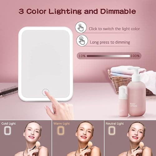 tekstap Touch Dimming Makeup Mirror, 3 Color Light Up Mirror, Portable Vanity Mirror for Travel/Dressing Table/Bedroom, Girls Gift (Square), White, (M007) thumbnail 4