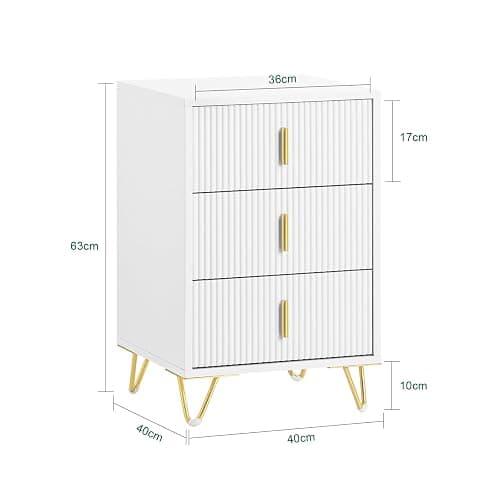 SoBuy Bedside Table 40cm Wide with 3 Drawers & Elegant Gold Handles Bedroom | Wooden metal nightstand with anti-tip device & protective foot pads, modern gold white design, 40x40x63.5 cm, FBT115-L-W thumbnail 3