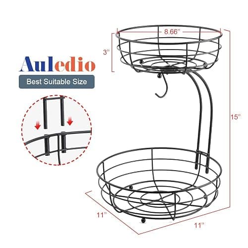 Auledio Iron 2-Tier Countertop Fruit Vegetables Basket Bowl Storage With Banana Hanger, Black, 64 ounces thumbnail 3