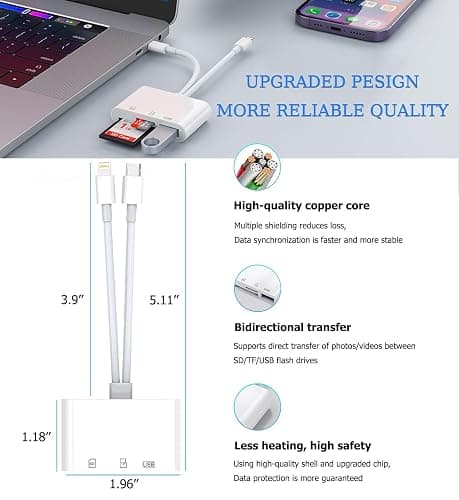 SD Card Reader for iPhone, iPad, USB C and Lightning Dual Port SD Card Adapter, Memory Card Reader for Camera Adapter, Support SD, Micro SD, USB 3.0, No App Driver Required thumbnail 6