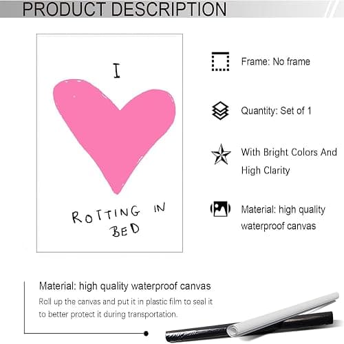Trendy I Love Rotting In Bed Posters Pink Heart Quotes Illustration Canvas Wall Art Modern Preppy Minimalist Aesthetic Prints Painting For Home Bedroom Dorm Wall Decor 8x12in Unframed thumbnail 2