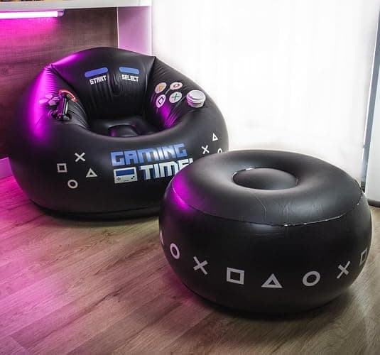 FranFusion Inflatable Gaming Chair for Kids & Teens with Cup Holders and Side Pocket - This Air Bean Bag Game Chair is The Perfect Furniture for Gamer Room Décor (Gaming Time with Ottoman) - Blue GTw/Ottoman thumbnail 2