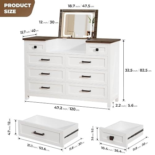 BROTTAR Dresser with Mirror for Bedroom, Chest of Drawers with LED Mirror, 8 Drawer Dresser, White Dressers for Kids, Wood Dressers, Farmhouse Makeup Vanity with Storage for Bedroom thumbnail 2