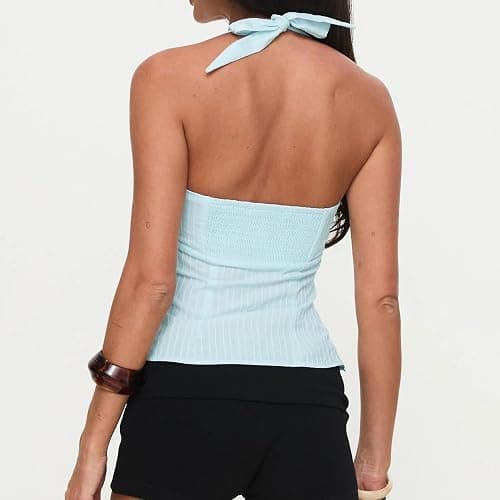 Women Y2K Backless Halter Crop Top 90S Vintage Sleeveless Solid Color Lace-up Tank Top Chic Summer Going Out Vests thumbnail 3