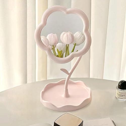 KEAINVRN Flower-Shaped Makeup Mirror for Desk Vanity Mirror for Bedroom,Living Room and Minimal Spaces Room Decor Home Decorations (Pink) - Image 1