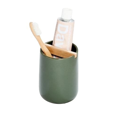 iDesign Ceramic Earth Collection Toothbrush Holder with Paulownia Wood Divider, Moss/Natural Wood - Image 1
