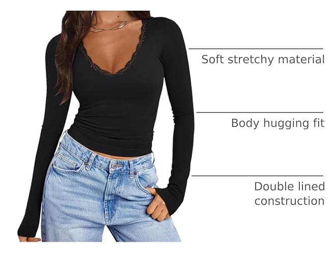 PINKMSTYLE Women Sexy V Neck Lace Long Sleeve Shirts Basic Fitted Double Lined Going Out Y2K Trendy Fall Tops thumbnail 4
