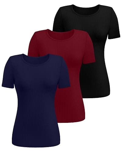 Ficerd 3 Pack Women's Ribbed T-Shirts, Cotton Short Sleeve Basic Tees Crewneck Fitted Tops Casual Shirts 2025 Summer Trendy thumbnail 5