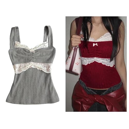 Women Y2k Lace Trim Tank Tops Teen Girl Goth Sleeveless Shirt Coquette Clothes Vintage V Neck Going Out Crop Top thumbnail 2