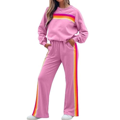 Womens 2 Piece Sets Rainbow Striped Pullover Sweatshirt High Waist Sweatpants Color Blocked Suit Lounge Matching Sweatsuit - Image 1
