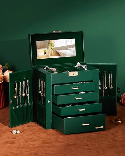 Homde Synthetic Leather Huge Jewelry Box Mirrored Watch Organizer Necklace Ring Earring Storage Lockable Gift Case (Forest Green + Gold) thumbnail 9