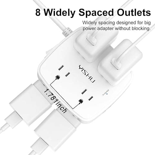 6 Ft Surge Protector Power Strip - 8 Widely Outlets with 4 USB Ports, 3 Side Outlet Extender with 6 Feet Extension Cord, Flat Plug, Wall Mount, Desk USB Charging Station, ETL,White thumbnail 3
