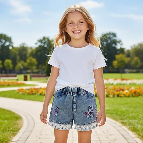 Peacolate 4-11Y Little&Big Girls Summer Denim Shorts Elastic Waistband Flower Ripped Jeans thumbnail 2