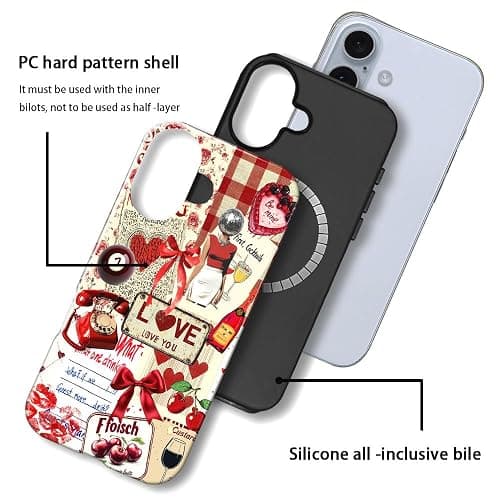 DAIZAG Case Compatible with iPhone 16, [Compatible with MagSafe],Shockproof Protective Phone Case for Girl Women - Red Love Heart Retro Collage thumbnail 3