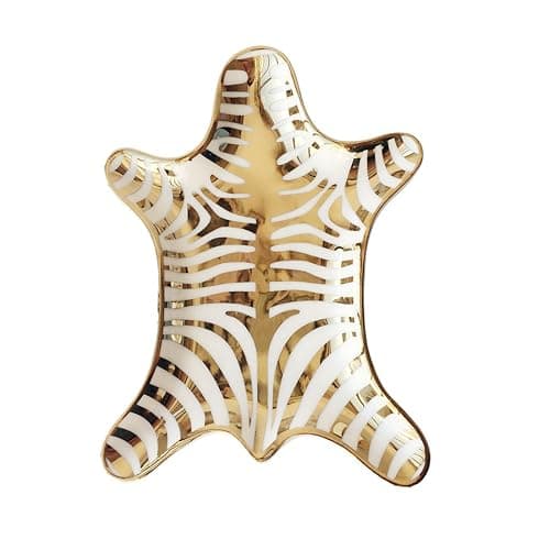 NUYKOUY Zebra Stripe Jewelry Tray Ceramic Dishes Plate Gilded 5.9", Gold - Image 1