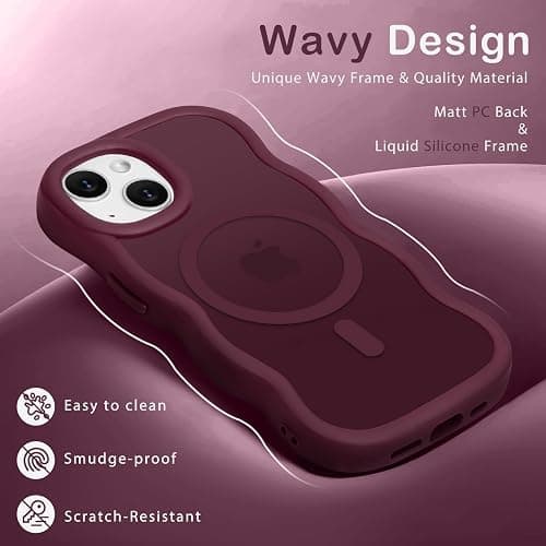 Amzfield for iPhone 13/14 Case for Magsafe Wavy Frame Cute, Burgundy | Aesthetic Translucent Matte Hard Back Silicone Bumper Shockproof Protective Magnetic Chic Girly Phone Case for Women Girls thumbnail 2