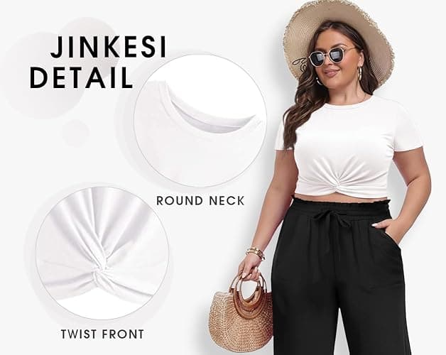 JINKESI Women's Summer Causal Short Sleeve Blouse Round Neck Crop Tops Twist Front Tee T-Shirt thumbnail 4