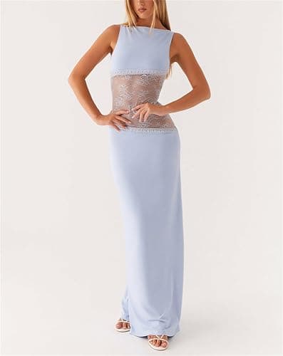 Women Sexy Hollow Out Maxi Dress Sleeveless Backless Lace Pachwork Bodycon Long Dress Y2k Going Out Party thumbnail 2