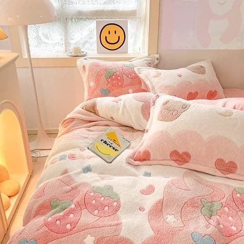 CinYana Pink Strawberry Duvet Cover Set Fluffy Kawaii Cartoon Comforter Cover Soft Kids Twin Size Bedding Set (Strawberry) thumbnail 6