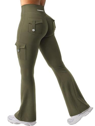 YEOREO CoreFlex Women Workout Flare Leggings with Pockets Hidden Scrunch High Waisted Cargo Gym Yoga No Front Seam Leggings - Image 1