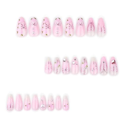 XZMeiLun 3D Handmade Spring & Summer Heart Pearl Press On Nails Almond Medium 24 Pcs, Flower Designer Reusable Acrylic Fake Nails with Glue, Wedding and Party, Daily wear Nails fro Women Gift thumbnail 4