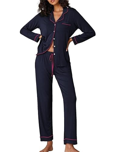 Ekouaer Pigiama Donna Maniche Lunghe Set Pigiama a Due Pezzi con Bottoni Abbigliamento da Notte Morbido Sleepwear Top e Pantaloni Pigiama XS-XXL - Image 1