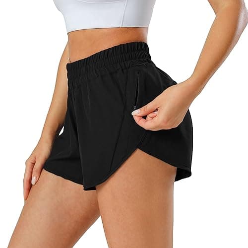 Aurefin Athletic Shorts for Women,Women's Quick Dry Workout Sports Active Running Track Shorts with Elastic and Zip Pockets - Regular Fit - Medium - Black thumbnail 3