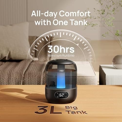 Dreo Humidifiers for Bedroom, 3L Top Fill 30H & 26dB Quiet Runtime for Large Room, Cool Mist Ultrasonic Humidifier with Humidity Sensor, Night Light for Home, Baby, Nursery, Plants, 360° Nozzle, Black thumbnail 7