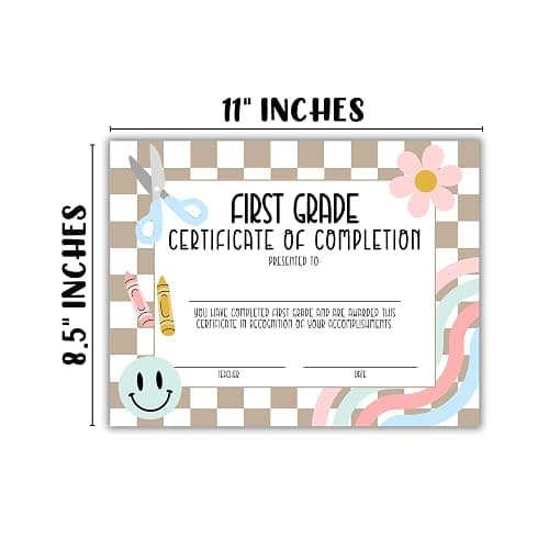 1st Grade First Graduation Certificate of Completion Award 30pk 8.5x11” End of Year Hand Out Tan Neutral Checkered Modern 90’s Smiley Faces Friendship Bracelets thumbnail 3
